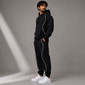 Ensemble de survêtement noir à capuche pour homme avec sweat à capuche et pantalon de jogging à bordure contrastante blanche, vêtements de sport décontractés - Product Image 5