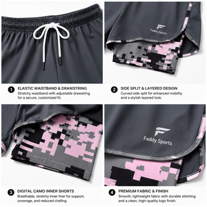 Pantalones cortos de running 2 en 1 para mujer, color gris carbón, con forro interior estampado, dobladillo dividido, cordón ajustable, ropa deportiva personalizada, pantalones cortos de gimnasio al por mayor - Product Image 3