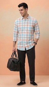 Chemise décontractée en coton à carreaux pastel pour homme, double boutonnage, manches longues, col rabattu, respirante, style été - Product Image 3
