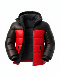 Veste matelassée à capuche bicolore pour homme, légère et chaude pour l'hiver, avec fermeture éclair, coupe-vent décontractée pour l'extérieur, noir et rouge - Product Image 3