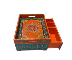 Nirmala Handicrafts Wooden Storage Tray Organizer with Drawer Bohemian Design Rectangle Multi Functional Indoor Decor - Product Image 1