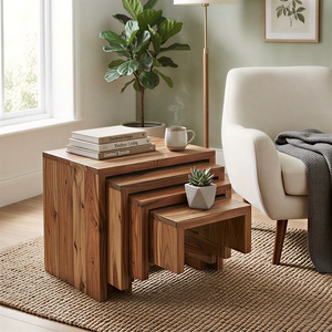 Solid Acacia Wood Modern Nesting <b>Table</b> <b>Set</b> 4 Strong Rustic Handcrafted <b>Side</b> <b>Tables</b> Space Saving Living Room Furniture Artisans - Product Image 1