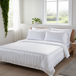 <b>White</b> Satin Stripe 1CM 210 TC Hotel Home Bedding-Twin Size Fitted and <b>Flat</b> Bed <b>Sheets</b> Set 6pcs Including 3pcs Pillowcases - Product Image 3