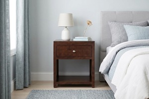 Brown Wood Smart Nightstand Side Table with Drawer Open Shelf Modern Bedside Cabinet for Bedroom - Product Image 1