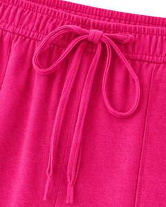 Women's Pink 2-Piece <b>Knitted</b> <b>Set</b> Short Sleeve Top With Drawstring Shorts Solid Color Breathable Casual Spring Summer Wear - Product Image 5