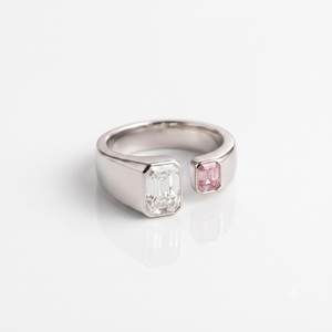 Open Band 1CT White And 0.50CT Pink Emerald Cut Diamond Toi Et Moi <b>Ring</b> 14K White Gold <b>Engagement</b> Fine Jewelry For Girlfriend - Product Image 2