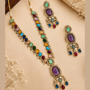 Ensemble collier et boucles d'oreilles ethniques pour femmes JeweleMarket, plaqué or, avec cristaux Meenakari et strass multicolores, modèle Maharashtra - Product Image 1
