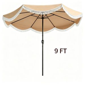 Ombrellone da Esterno Boho da 2,7 m con Inclinazione a 30°, Struttura in Metallo, Frange e Manovella, Ideale per Palestre - Product Image 1
