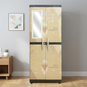 Armoire de rangement Naiba Deluxe en plastique à portes longues avec portes à charnières à panneaux arrondis de style beige et miroir pour chambre à coucher - Product Image 1