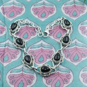 Natural Black Onyx <b>Gemstone</b> <b>Bracelet</b> Handmade 925 Sterling Silver Boho Teardrop Link Chain Jewelry Gift for Women Unisex Men Her - Product Image 2