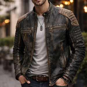 High Street Custom 100% Genuine Leather Winter Distressed Stand Collar Zipper <b>Jacket</b> for Men with Pockets Plain Dyed OEM Service - Product Image 5