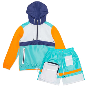 Boys Color Blocking Tracksuit Set Hooded Half-<b>Zip</b> Jacket Drawstring Shorts Quick Dry Lightweight Sporty Style Summer Wear - Product Image 1