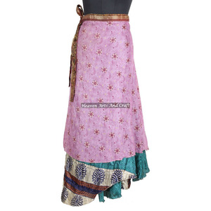 New Indian Saree Silk <b>Wrap</b> <b>Skirt</b> Women Wear Vintage Silk Sari Long Length <b>Wrap</b> Around <b>Skirt</b> 2 Layer Reversible Saree Bohemian - Product Image 3