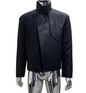 Blouson de moto unisexe noir en cuir véritable tanné, col montant, fermeture éclair, style chinois, coupe ajustée, longueur standard, pour l'automne, avec chaînes - Product Image 1