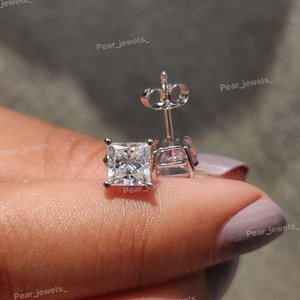 Princess Cut VVS Moissanite Diamond 925 Sterling <b>Silver</b> <b>Stud</b> <b>Earrings</b> Four Prong Solitaire <b>Earrings</b> For Women Men Gift - Product Image 2