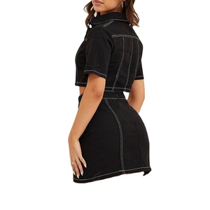 ชุดเสื้อผ้า2ชิ้นสำหรับผู้หญิงชุดครอปท็อปแขนสั้นกระดุมสั้นและกระโปรงสั้นชุดสองชิ้นกางเกงยีนส์2026 - Product Image 3