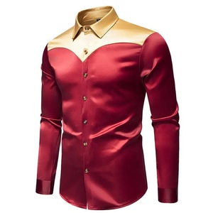 Chemise habillée noire en satin pour homme avec col et poignets dorés, manches longues, formelle, anti-plis, col rabattu - Product Image 3