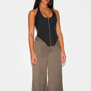 Top corsé negro de alta calidad para mujer con cuello halter, bajo asimétrico, con cremallera, sin mangas, ajustado, moldeador, estilo bodycon, top de moda. - Product Image 2