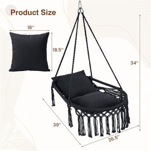 Sedia a dondolo sospesa in macramè nero stile Boho con 2 cuscini imbottiti, capacità 150 kg, amaca per interni/esterni, camera da letto, patio, giardino - Product Image 6