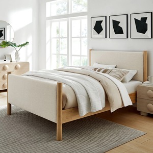 Lit plateforme scandinave Queen Size avec tête de lit rembourrée douce, cadre de lit en bois de bouleau massif - Abele - Product Image 1