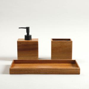 Ensemble de salle de bain en bois Curio Craft, 8 pièces, distributeur de savon, porte-brosse à dents, plateau, design minimaliste rectangulaire, facile à nettoyer - Product Image 1