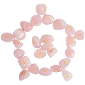 Ensemble de pierres runiques en quartz rose, 25 pièces gravées avec des symboles dorés, polies, forme libre, faites à la main pour la pratique du Reiki - Product Image 1