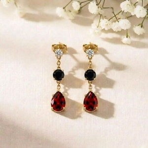 Elegant Garnet Pear & Black Obsidian Round Drop <b>Earrings</b> CZ Accent Gemstone Stud Dangle <b>Earrings</b> Minimalist Jewelry Gift - Product Image 4