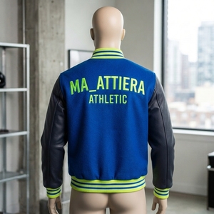 MA_ATTIERA เสื้อแจ็คเก็ตสีน้ำเงินสำหรับผู้ชายพร้อมแขนเสื้อหนังและขอบเสื้อแบบนีออนสำหรับใส่ลำลองในฤดูใบไม้ร่วง - Product Image 2