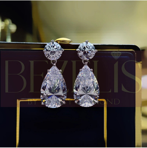 Boucles d'oreilles pendantes classiques pour femmes, serties de diamants taille brillant et taille poire, bijoux de mariage - Product Image 3