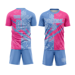 Conjunto de Uniforme de Fútbol Sublimado Personalizado, Bloques de Color Azul y Rosa, Cuello Redondo, Manga Corta, Absorbe la Humedad, Unisex, para Adultos - Product Image 6