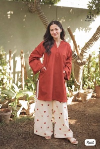Kurti couleur rouille avec pantalon palazzo imprimé cœur, coupe ample, longueur midi, tenue décontractée indienne et pakistanaise, toutes saisons - Product Image 2