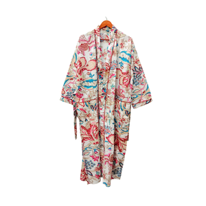 Bata Kimono Floral de Algodón Larga con Cuello en V y Estampado de Bloques, Bata de Baño con Cintura Ajustable, Ropa de Descanso Suave de Algodón para Spa - Product Image 1