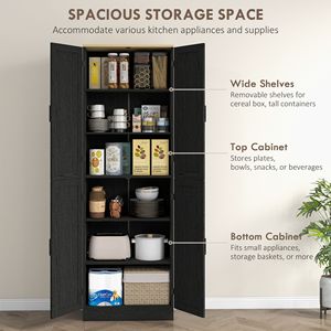 Distressed Black 4-Door Freestanding <b>Kitchen</b> <b>Pantry</b> Cabinet Solid Wood and Metal with Adjustable Shelves and Doors - Product Image 4