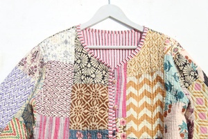 Color Handmade Patchwork Indian Cotton Long <b>Quilted</b> Kantha <b>Jacket</b> for Women Eco-Friendly Windproof Floral <b>Pattern</b> Detachable - Product Image 4
