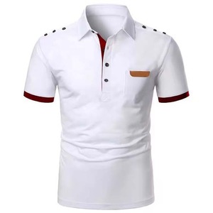 เสื้อโปโลแขนสั้นสีขาวสำหรับผู้ชาย ทรงเข้ารูป แต่งขอบตัดกัน สีพื้น สไตล์ลำลอง ผ้าทอ - Product Image 1