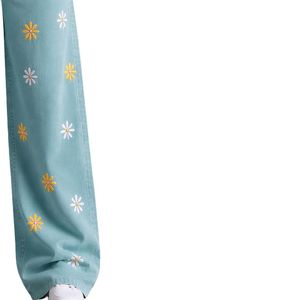 Vaqueros anchos de mezclilla verde marino para mujer con bordado floral, cintura alta, holgados, estilo casual urbano, venta al por mayor OEM ODM personalizada - Product Image 4