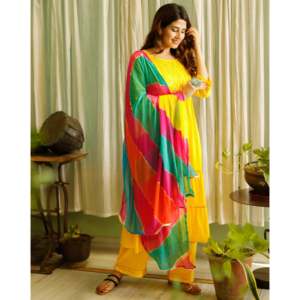 Ensemble de salwar kameez décontracté en rayonne jaune safran, taille XS, Inde, Pakistan - Product Image 6