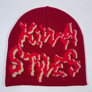 Nouveauté : Bonnets d'hiver classiques unisexes, colorés, chauds, tricotés, sans revers, avec logo jacquard personnalisé, bonnets rouges - Product Image 1