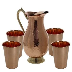Ensemble de carafes en cuivre pour une ambiance de luxe élégante à la table, ensemble de service en métal avec verres, durable et réutilisable pour la cuisine. - Product Image 1