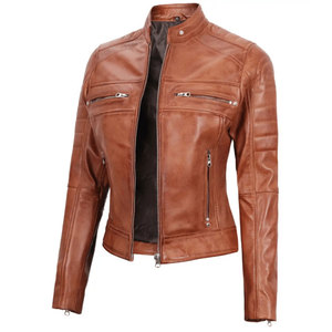 Real Sheepskin Leather <b>Jacket</b> for Women Tan Brown Moto <b>Biker</b> <b>Jacket</b> with Quilted Shoulder & Zipper Pockets - Product Image 2