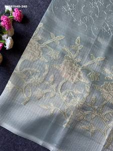 Best Fabric Banarasi Checks with Embroidery Floral Applique work-Rich Zari Woven Pallu with Tassels <b>Saree</b>-<b>Blouse</b> Indian Exporter - Product Image 4