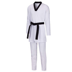 Conjunto de Uniforme de Artes Marciales para Hombre Adulto, Cuello en V, Color Blanco con Ribete Negro y Cinturón - Product Image 1