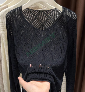 Pull en tricot à col en V, motif géométrique, respirant, coupe régulière, haut décontracté d'été, unisexe, beige clair, manches longues - Product Image 3