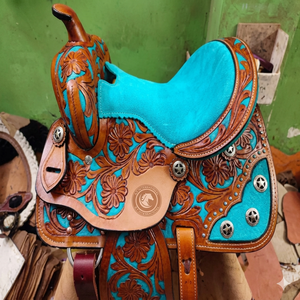 Selle western en cuir de cowboy, motif floral fait main, assise souple pour l'équitation, le travail à la ferme et les sorties sur sentier, livrée avec étriers. - Product Image 5