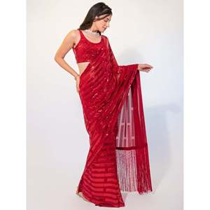 Magnifique Saree rouge à sequins en georgette avec chemisier - Product Image 1