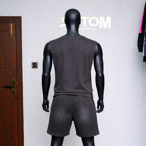 ชุดเซ็ตเสื้อกล้ามและกางเกงขาสั้นผู้ชาย ผ้าใยไผ่ 100% ระบายอากาศได้ดี ประดับเพชร สไตล์สตรีทแวร์ลำลอง ชุดลำลองฤดูร้อน 2 ชิ้น - Product Image 3