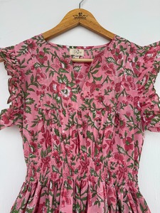 Women's Pink Floral Cotton Maxi <b>Dress</b> Ruffle Short Sleeve Boho Summer Wear Shirred Waist Elegant Party <b>Dress</b> - Product Image 2
