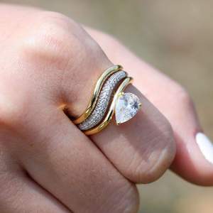 Luxury 14K/18K Solid Gold 925 Silver Three Wavy <b>Stacking</b> <b>Rings</b> 0.75ct Pear Cut Lab Grown Diamond Curved Wedding Band Bridal Set - Product Image 1