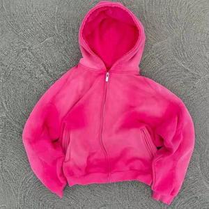 Sweat à capuche personnalisé patchwork avec broderie, effet vieilli, délavé à l'acide, délavé soleil, zippé, avec strass, LOGO OEM - Product Image 4
