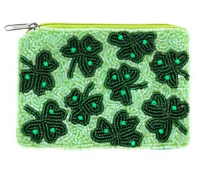 Pochette à fermeture éclair miniature en forme de trèfle, faite à la main, ornée de perles, broderie textile verte, artisanat - Product Image 1